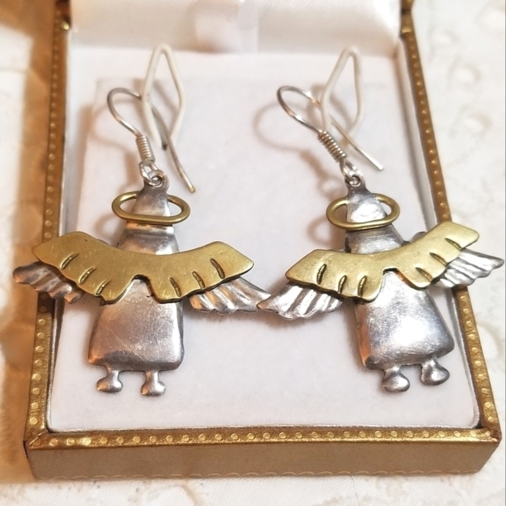 VINTAGE Long Sterling Angel Earrings